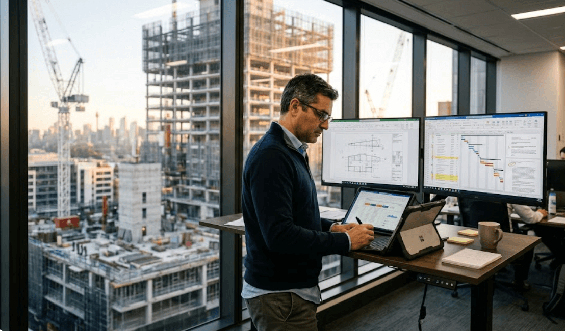 Engineer reviewing drawings and schedule from office overlooking construction site